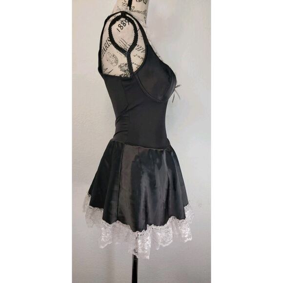 Frederick's Of Hollywood Vtg Black Satin Gothic Maid Size Small Mini Dress - Picture 6 of 9